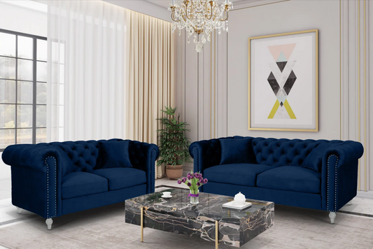Velvet Navy Blue 3 + 2 Seater Camden Chesterfield Sofa Set