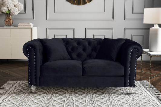 Velvet Camden Black 2 Seater Chesterfield Sofa