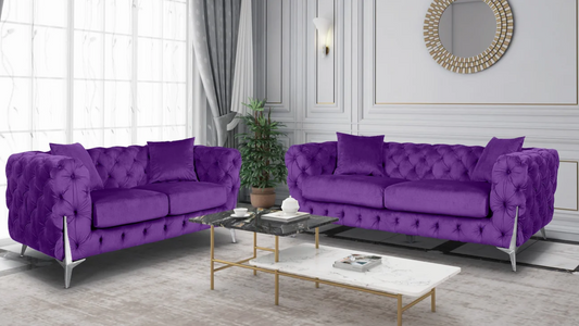 Velvet Fabric Chesterfield Purple 3 + 2 Seater Alderley Sofa Set With Silver Legs