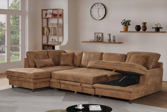 Faux Leather Suede Brown Left Hand Facing Corner Sofa Bed