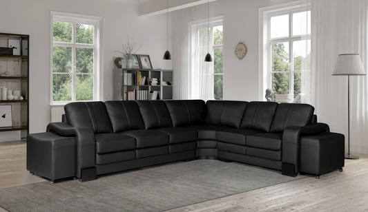 Genuine Leather Black San Fernando 3C2 Corner Sofa with 2 Ottomans